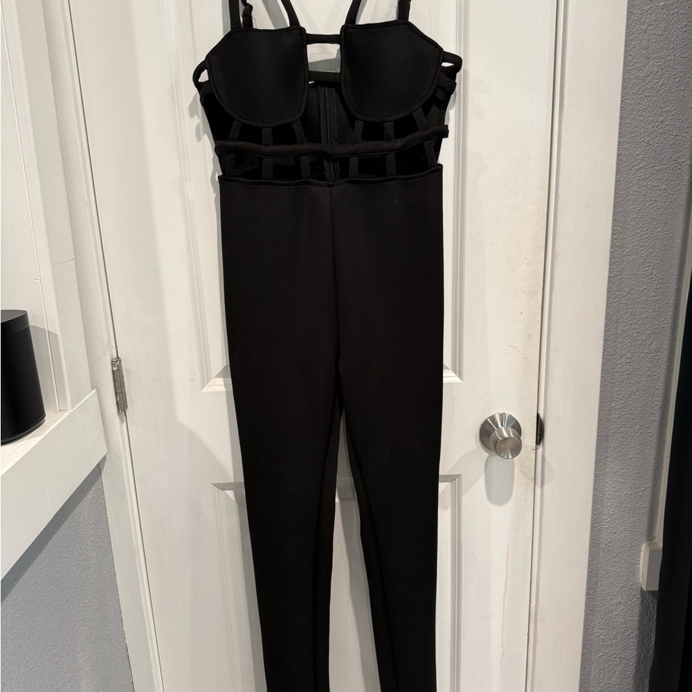 Black Strappy Bustier Jumpsuit Catsuit – Size Large – Cage Corset Top